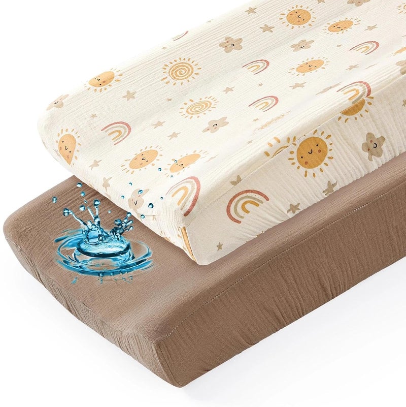 Basumee Muslin Changing Pad Cover Waterproof 2 Pack Baby Changing Table Covers for Boys and Girls Soft Breathable Nursery Diaper Change Table Cover Pad Fits 32"x16", Brown - Image 1